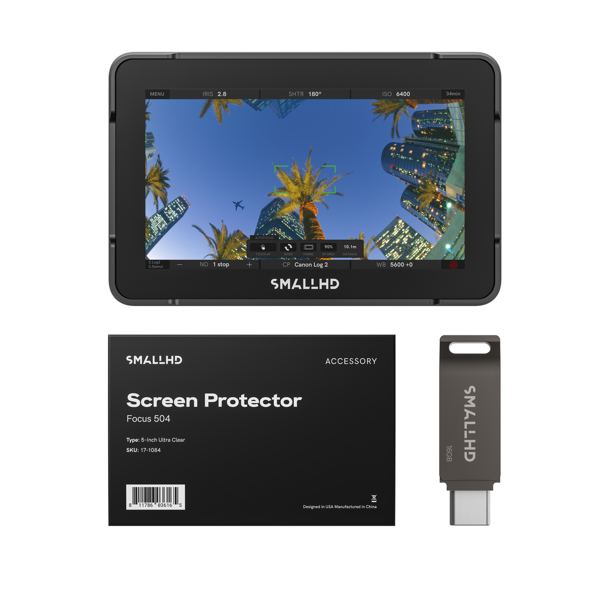 SmallHD Focus 504 monitor with screen protector package and USB accessory