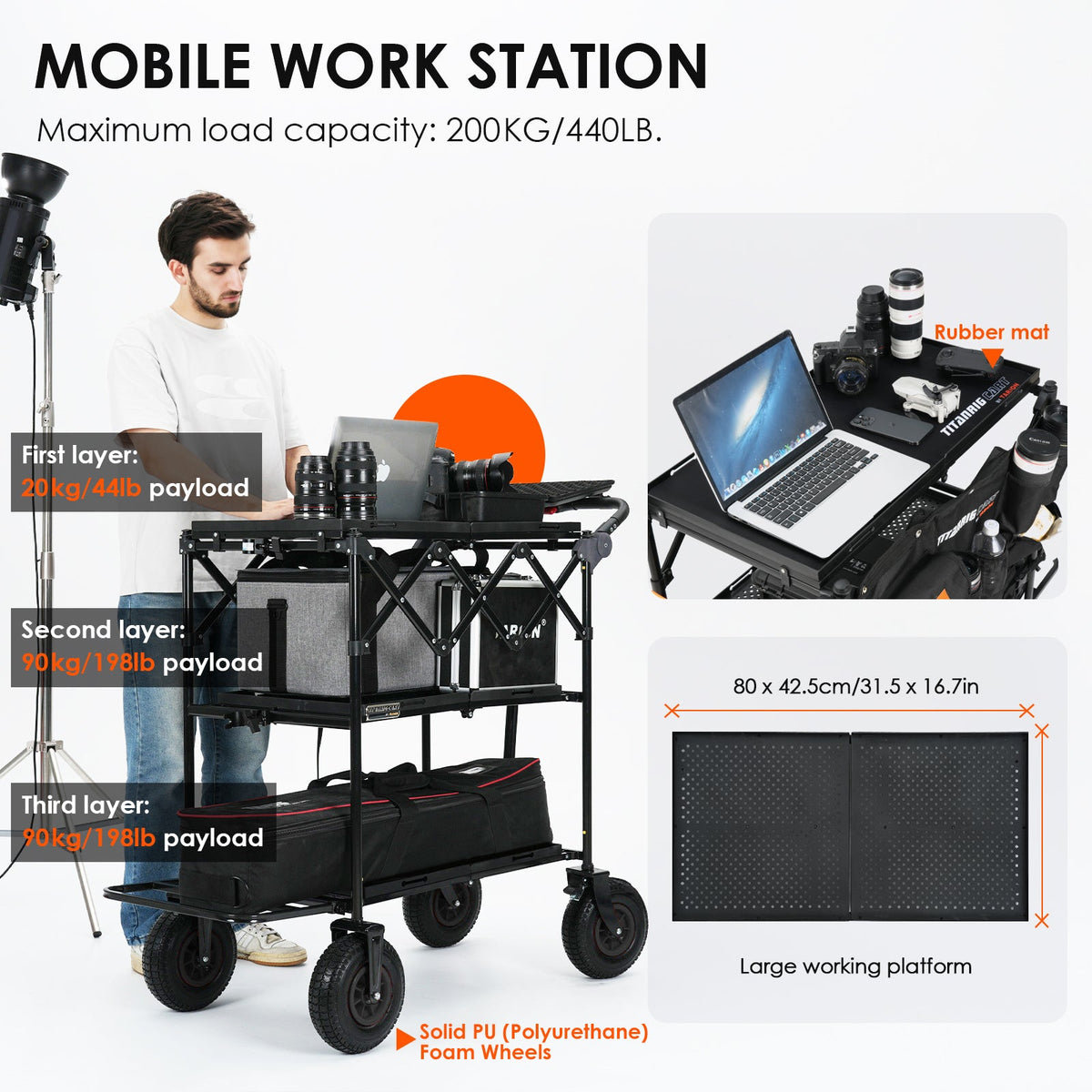 Three-tier mobile production cart loaded with camera gear, cases, and a laptop