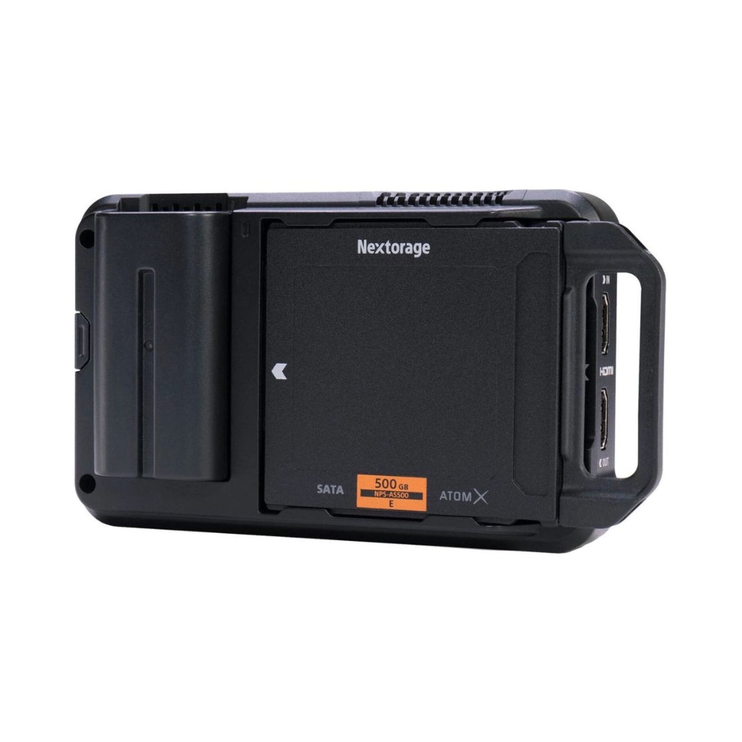 Nextorage AtomX SSDmini 500GB, geöffnete Ansicht mit seitlichen Anschlüssen