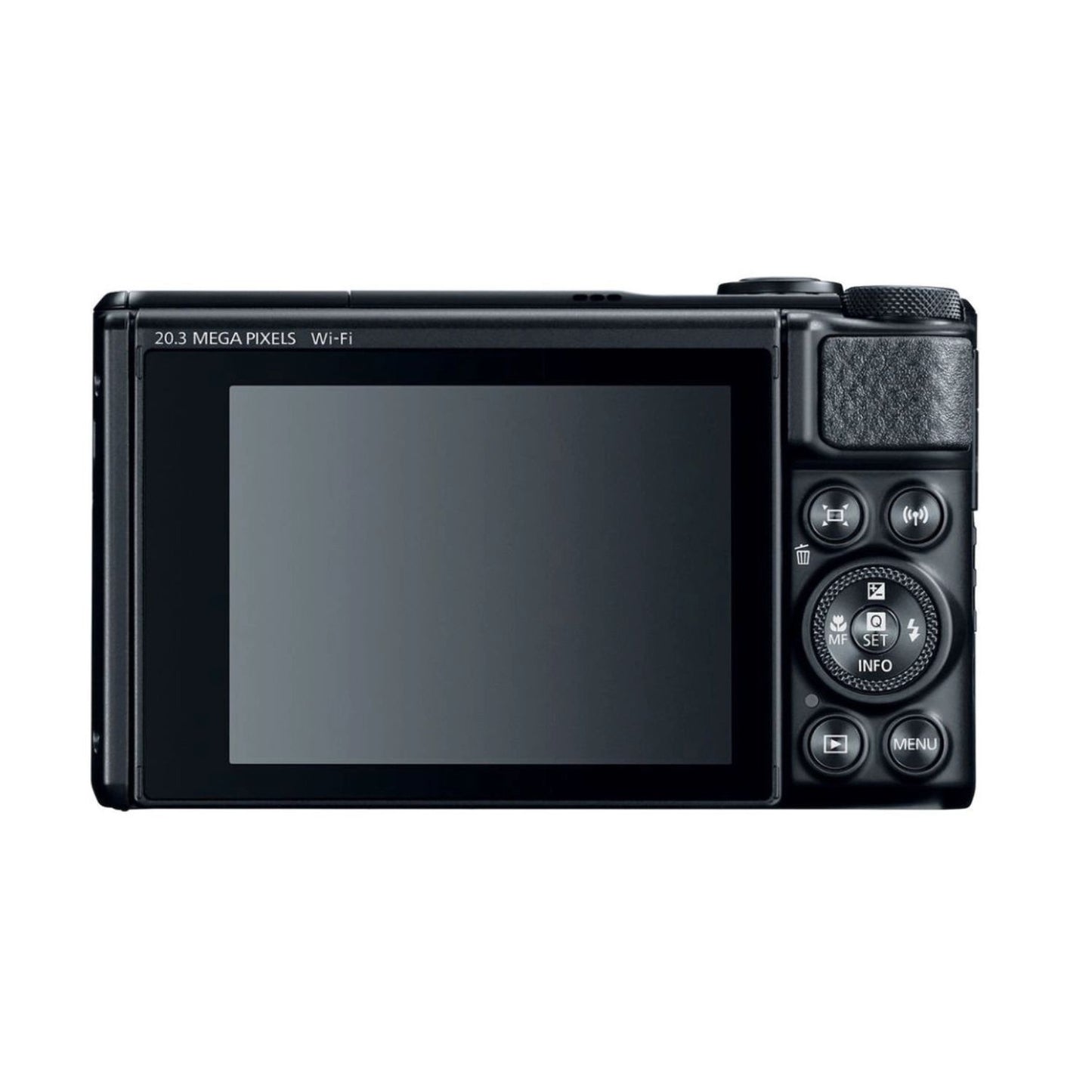 PowerShot SX740 HS rear LCD screen with control buttons and navigation dial