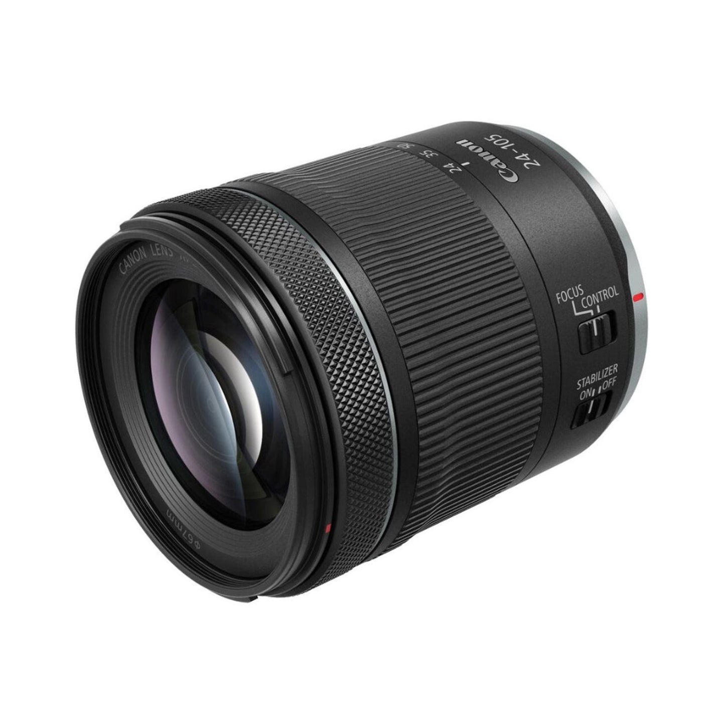 Angled view of black RF 24-105mm lens with focus control and stabilizer switch