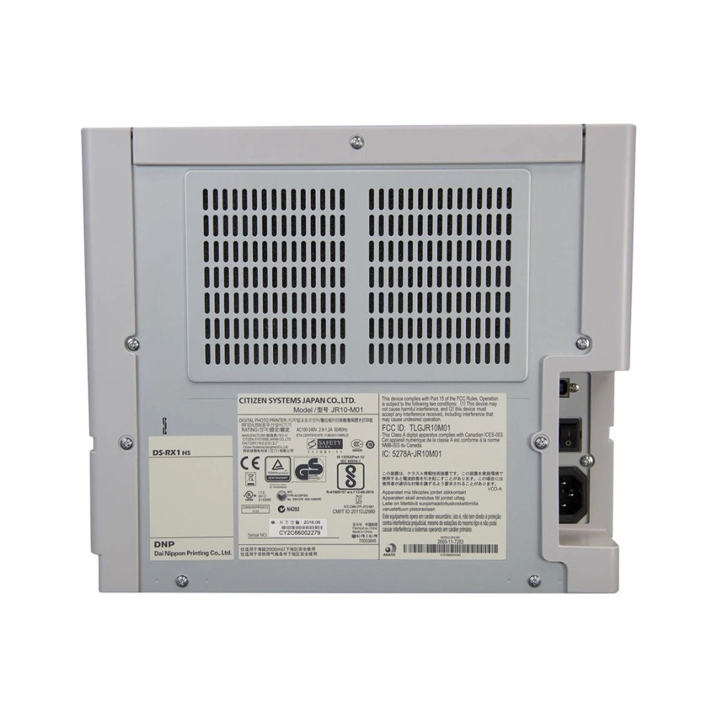 DS-RX1HS dye sublimation printer rear panel, ventilation grille and ports