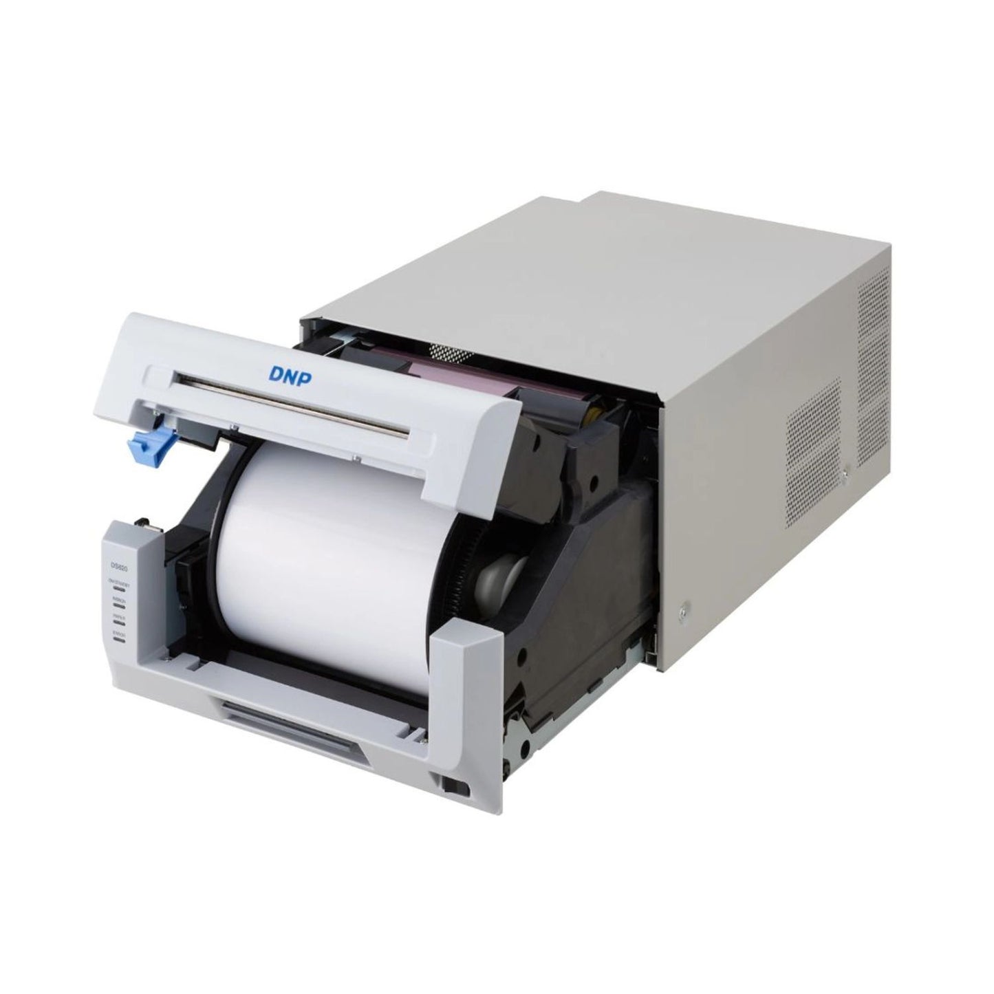 DNP DS620 6-Zoll-Photo-Drucker mit geöffnetem Papierfach und Druckwalze