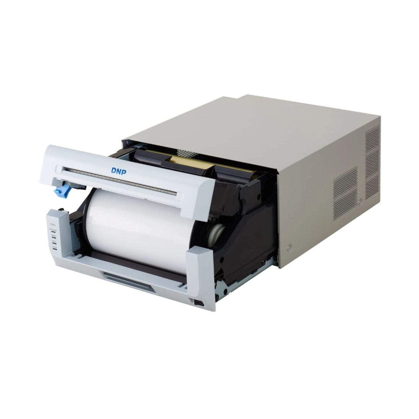 DS820 photo printer open with roll paper loaded and front feed opening