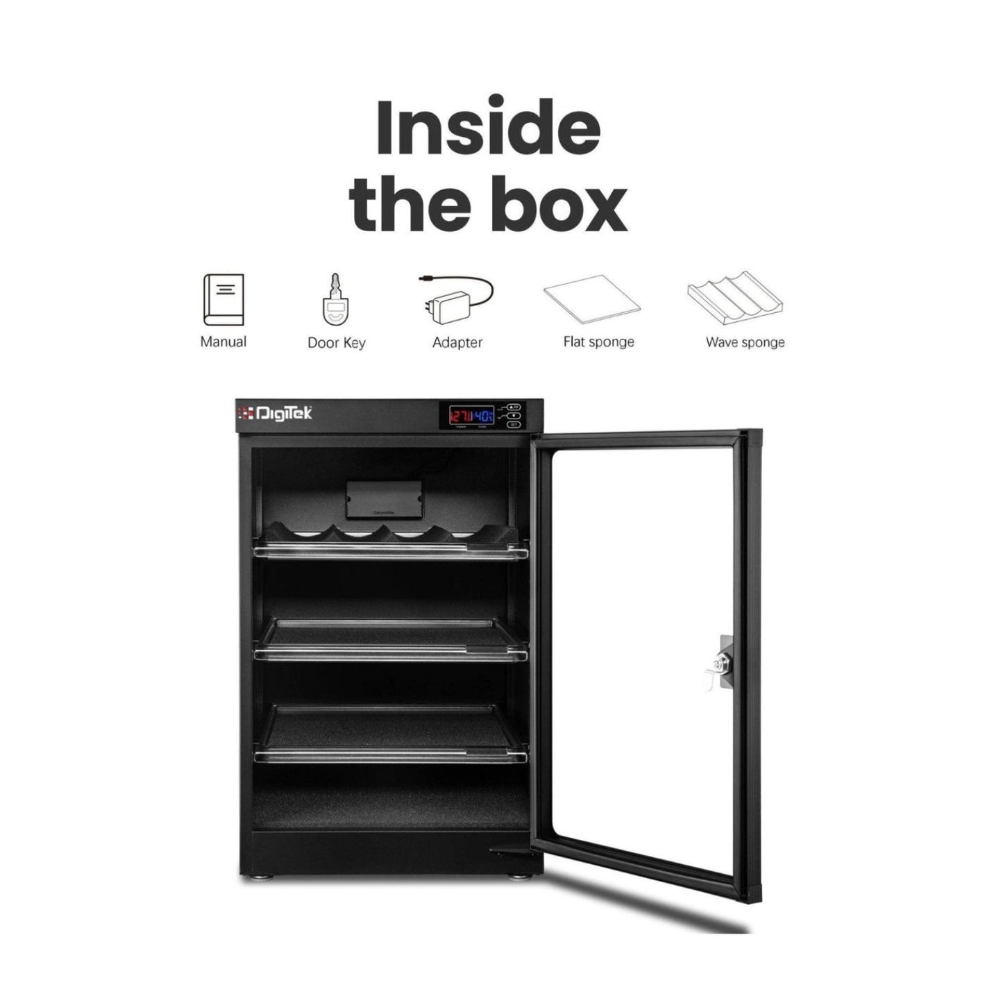 AD-85S dry cabinet with door open, interior shelves and included accessories shown