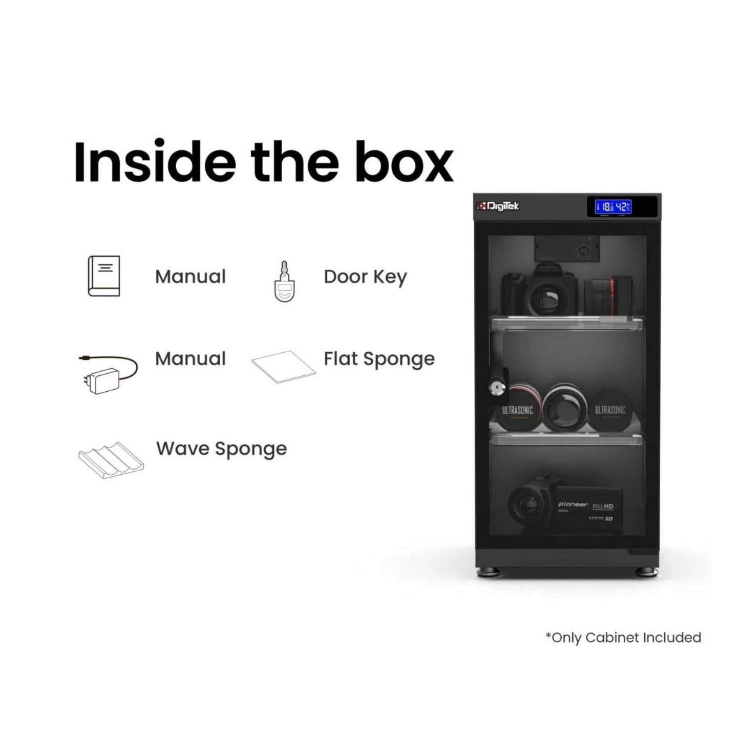 Digital dry cabinet humidity controller with included accessories: manuals, keys, sponges