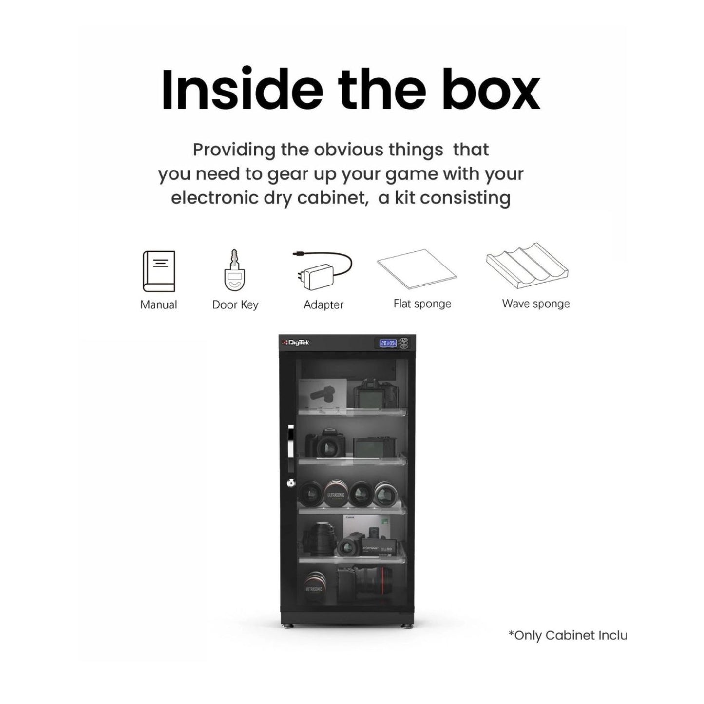 Dry cabinet with included items shown: door key, adapter, flat and wave sponges