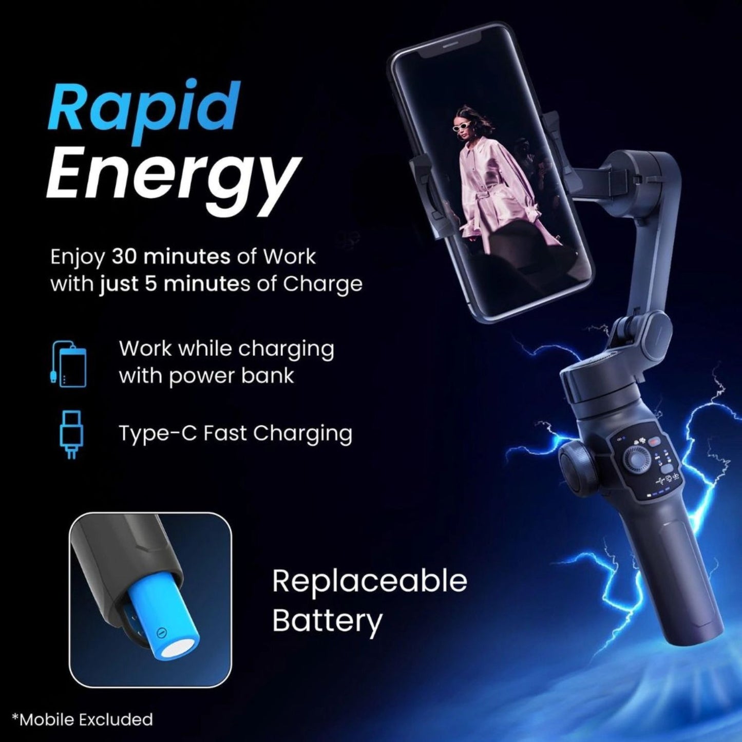 Smartphone gimbal with phone mounted and LED control panel on handle