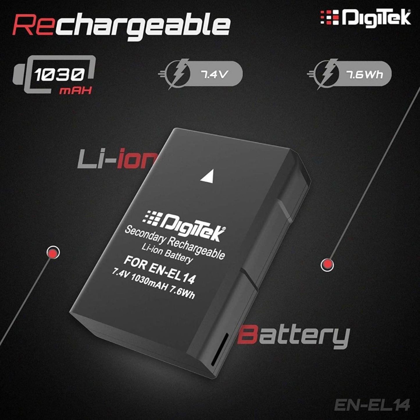 EN-EL14 Li-ion rechargeable battery with 1030mAh, 7.4V and 7.6Wh icons