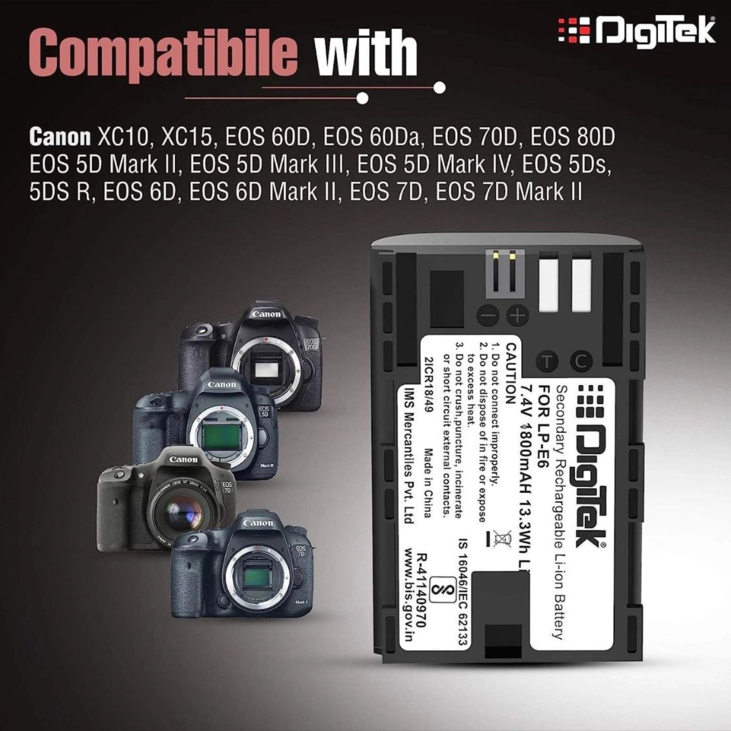 LP‑E6 battery with compatibility list for Canon camera models