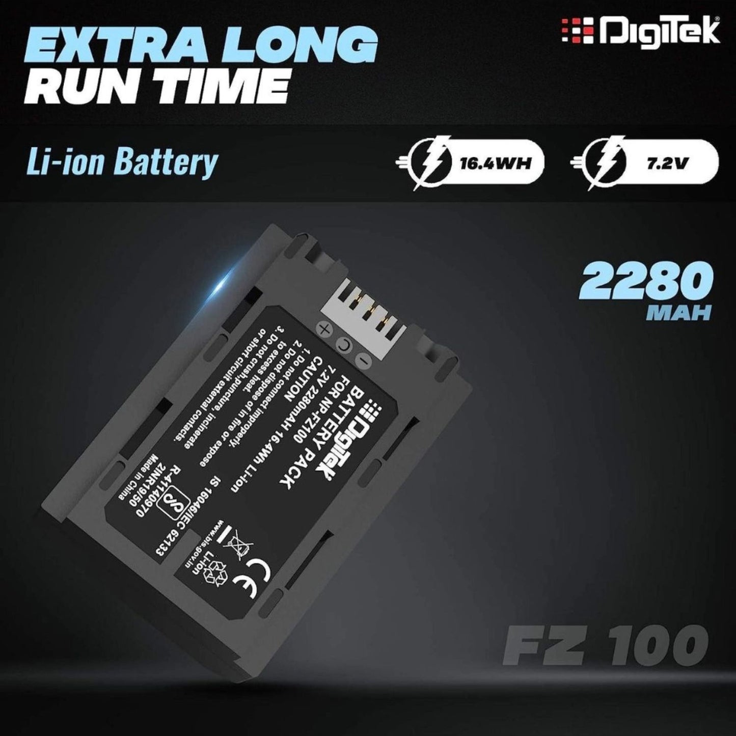 NP-FZ100 lithium-ion battery pack angled, 2280mAh capacity and 7.2V rating