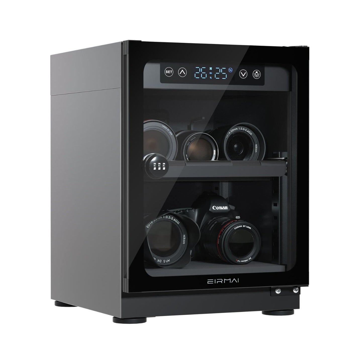 Dry cabinet, gray body with front window showing camera lens storage and LED controls