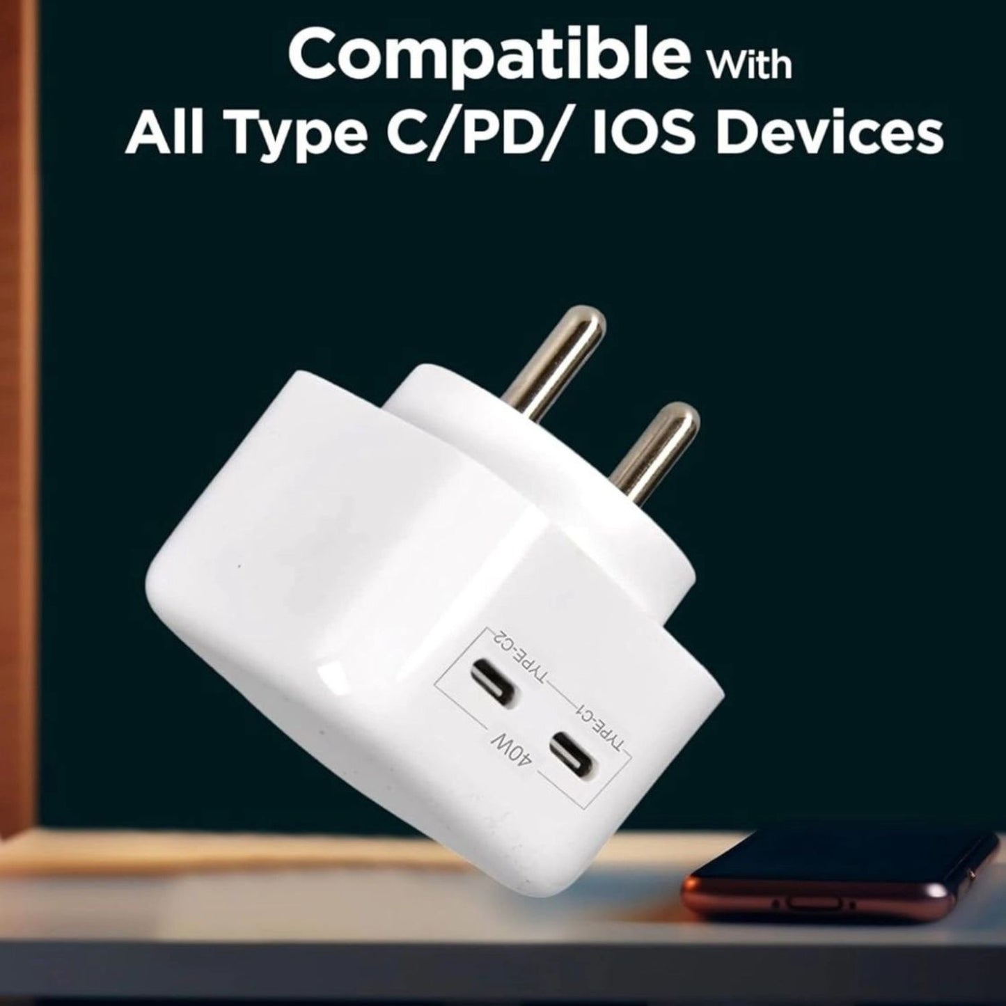 40W USB-C PD 3.0 plug adaptor with two Type-C ports and dual output labels