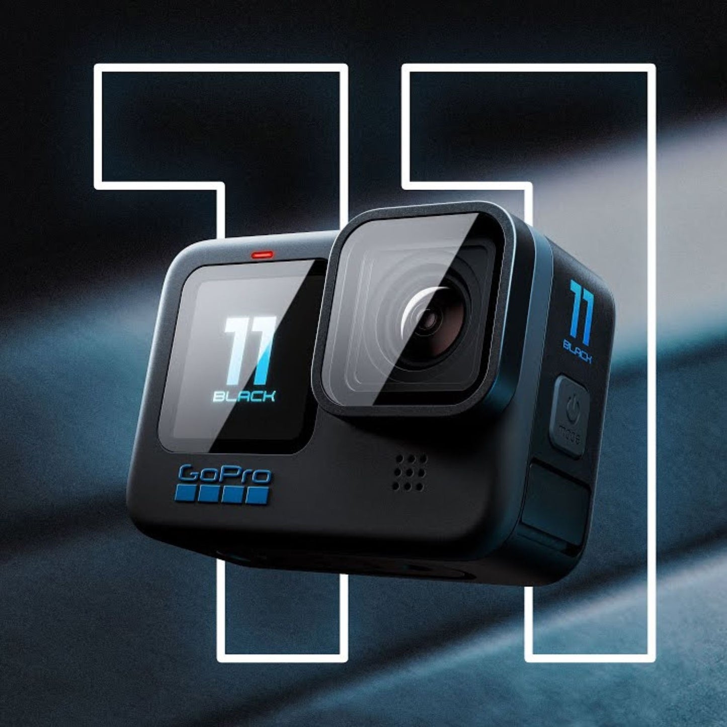 GoPro HERO 11 Action Camera black with front screen and lens, blue 11 logo