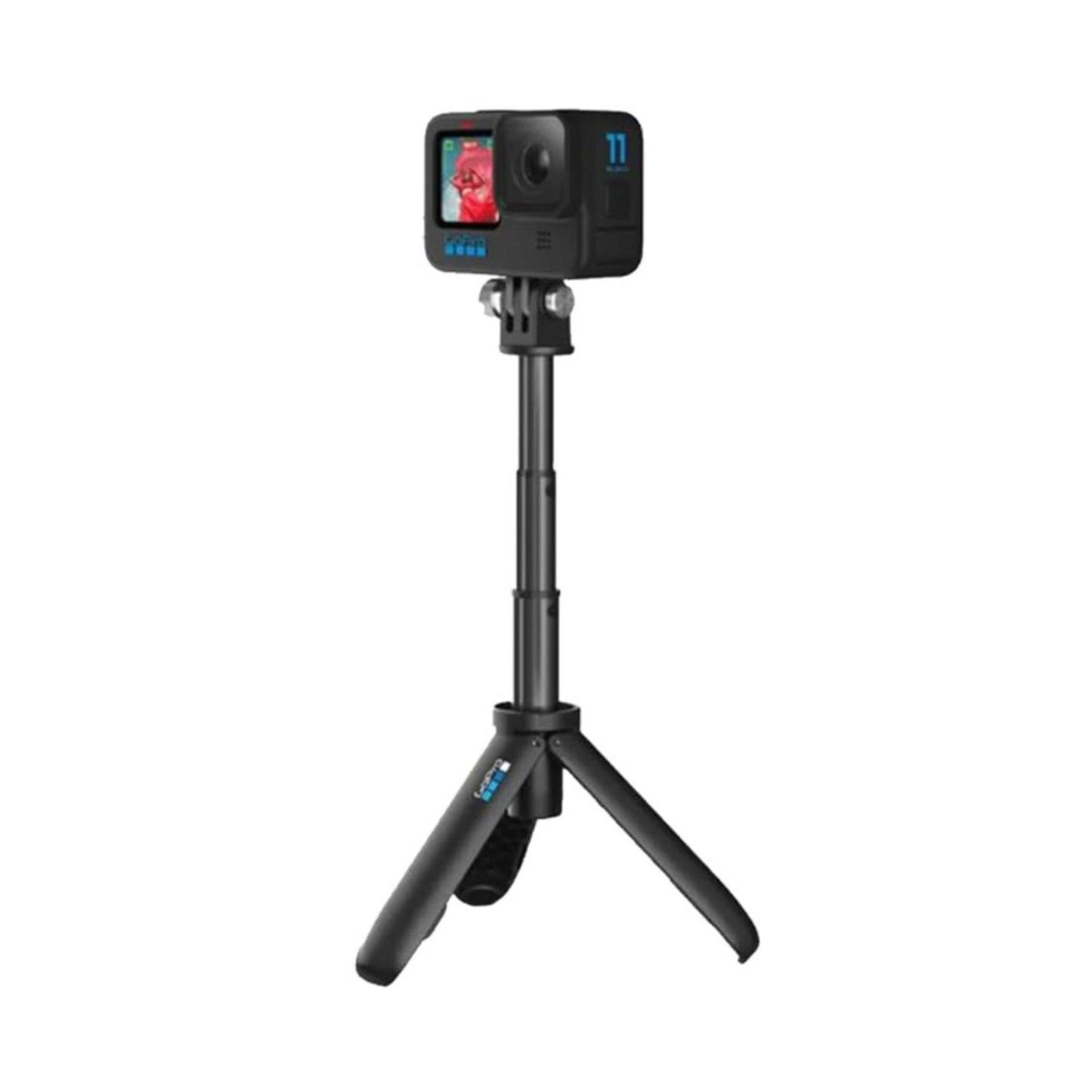 Black HERO 11 action camera on mini tripod stand with extending pole