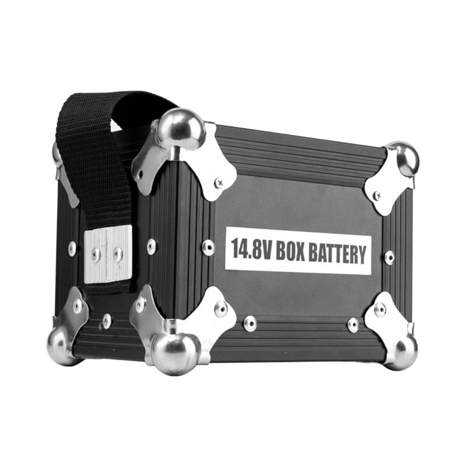 14.8V box battery case with black strap and silver metal corner hardware