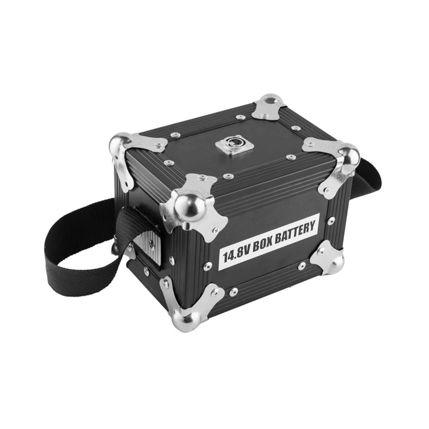 Black 14.8V box battery with shoulder strap and silver metal corner protectors