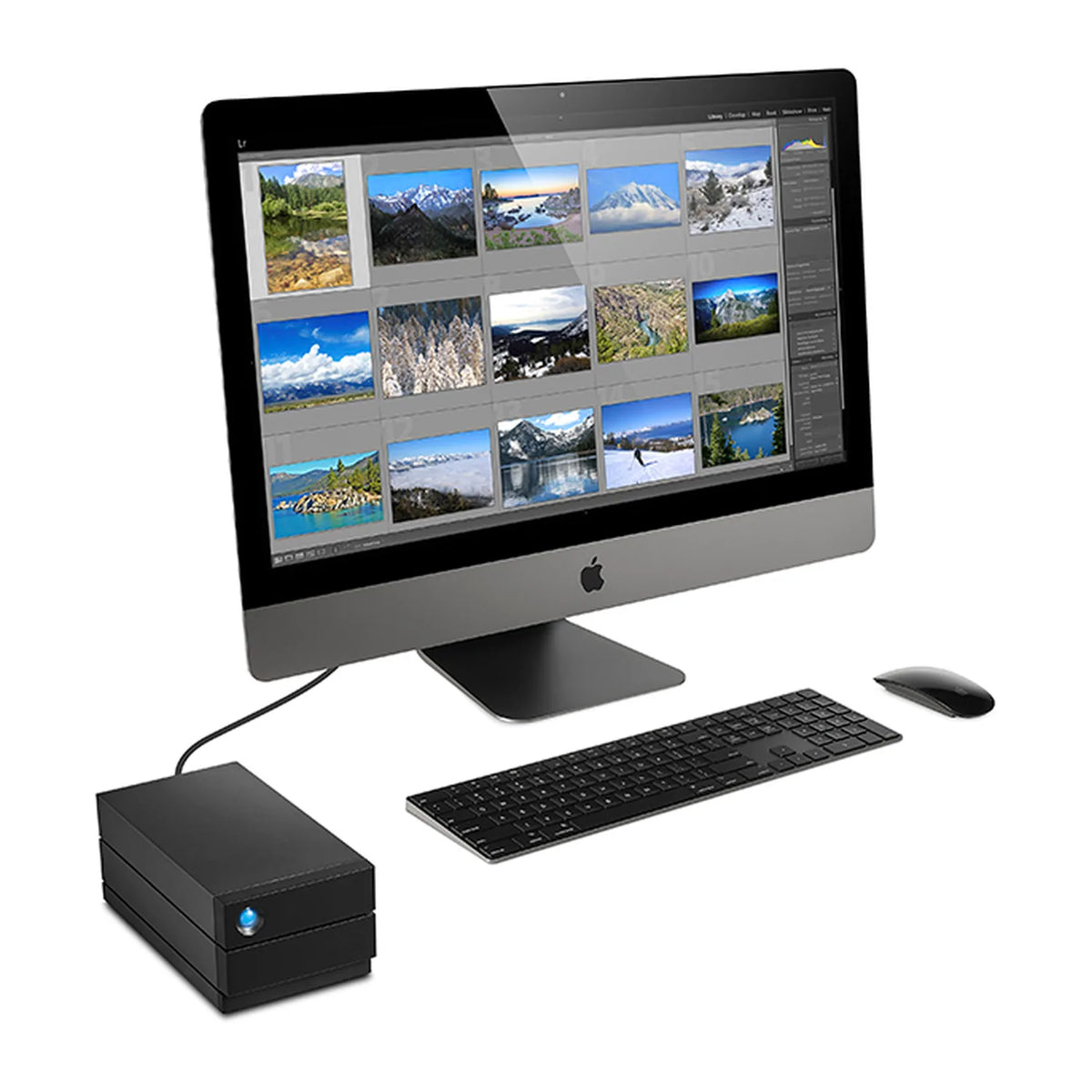 LaCie desktop RAID hard drive connected to a desktop computer, black box with blue power light
