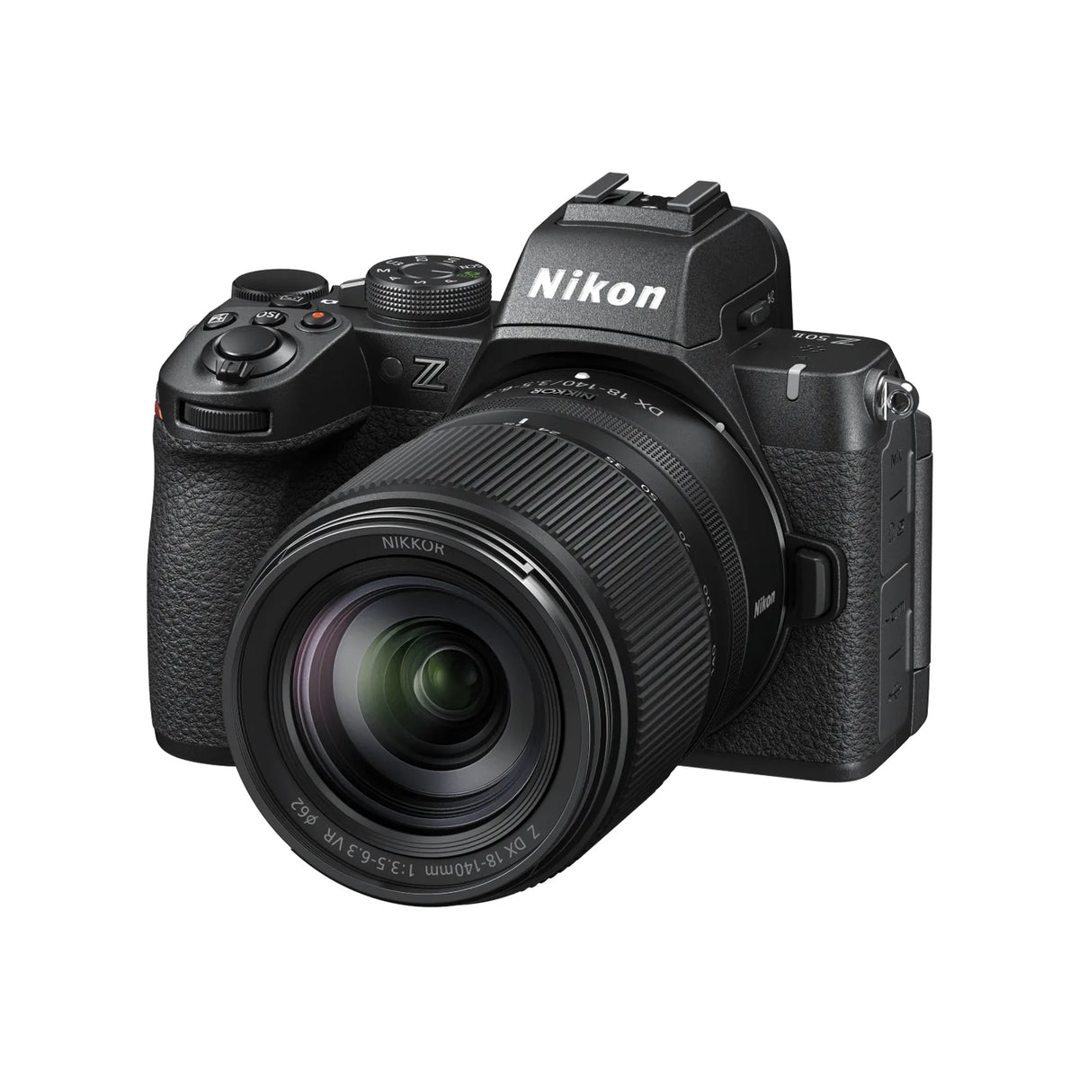 Black mirrorless camera with attached lens, three-quarter front view