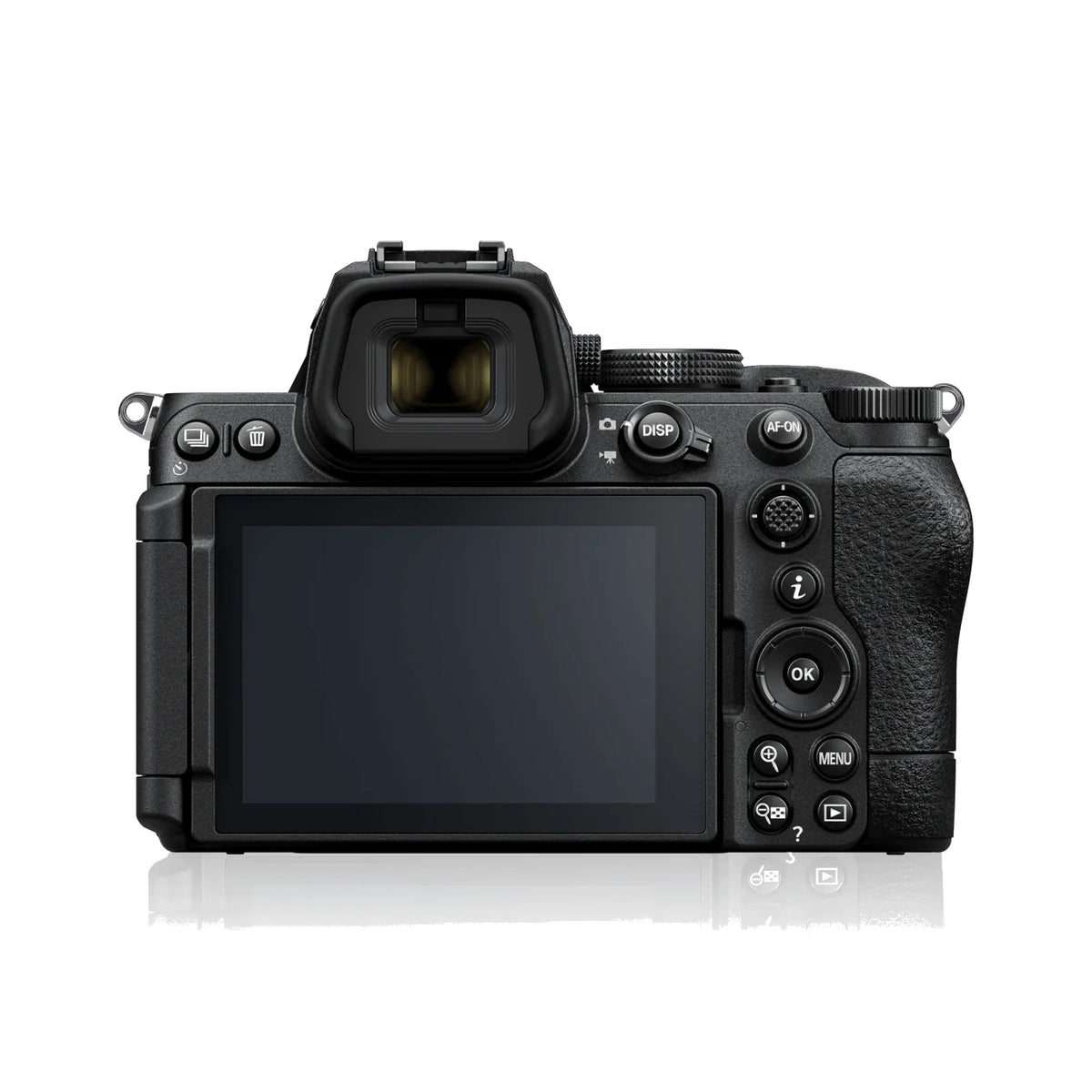 Black mirrorless camera back view, LCD screen and buttons