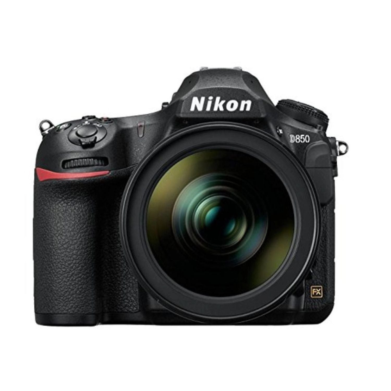 Nikon D850 DSLR with 24-120mm lens, front view; large lens and controls visible