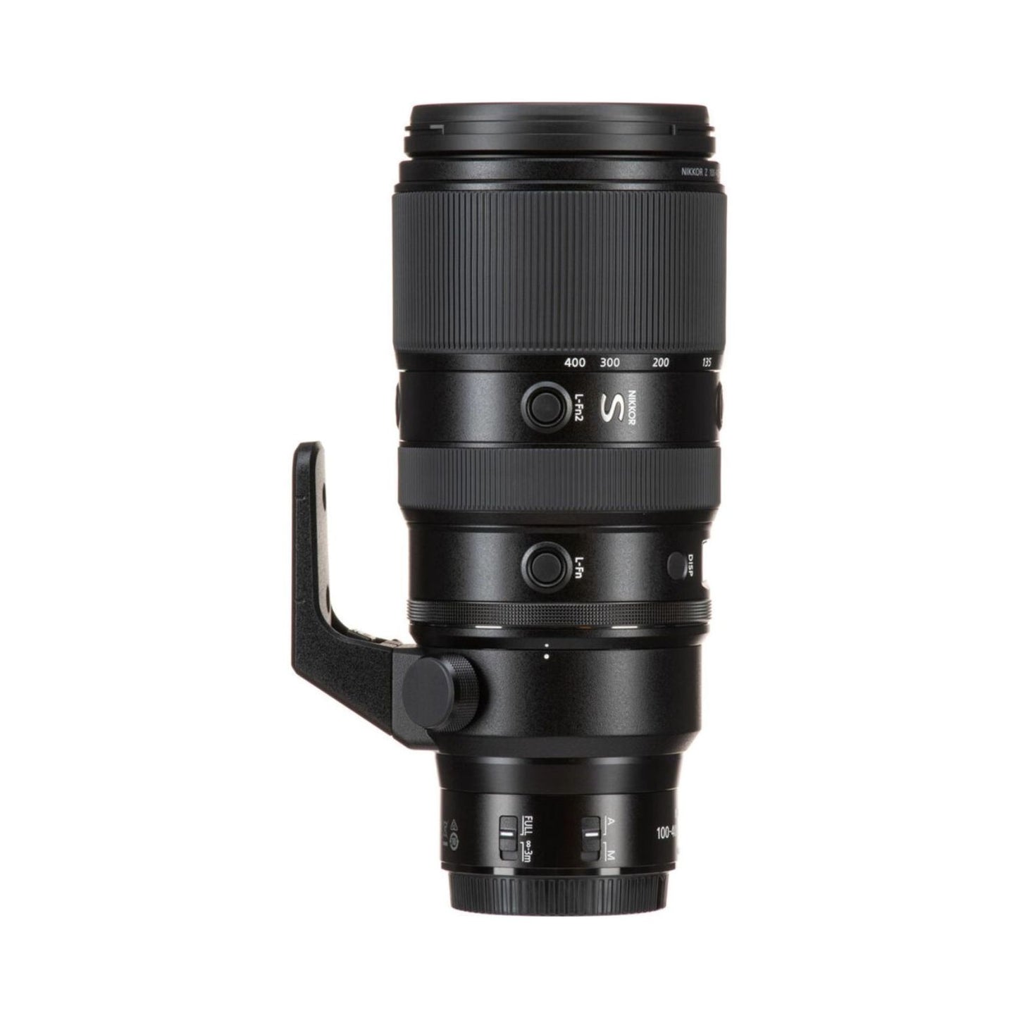 NIKKOR Z 100-400mm VR S Zoomobjektiv mit seitlichem Stativring und Bedienelementen