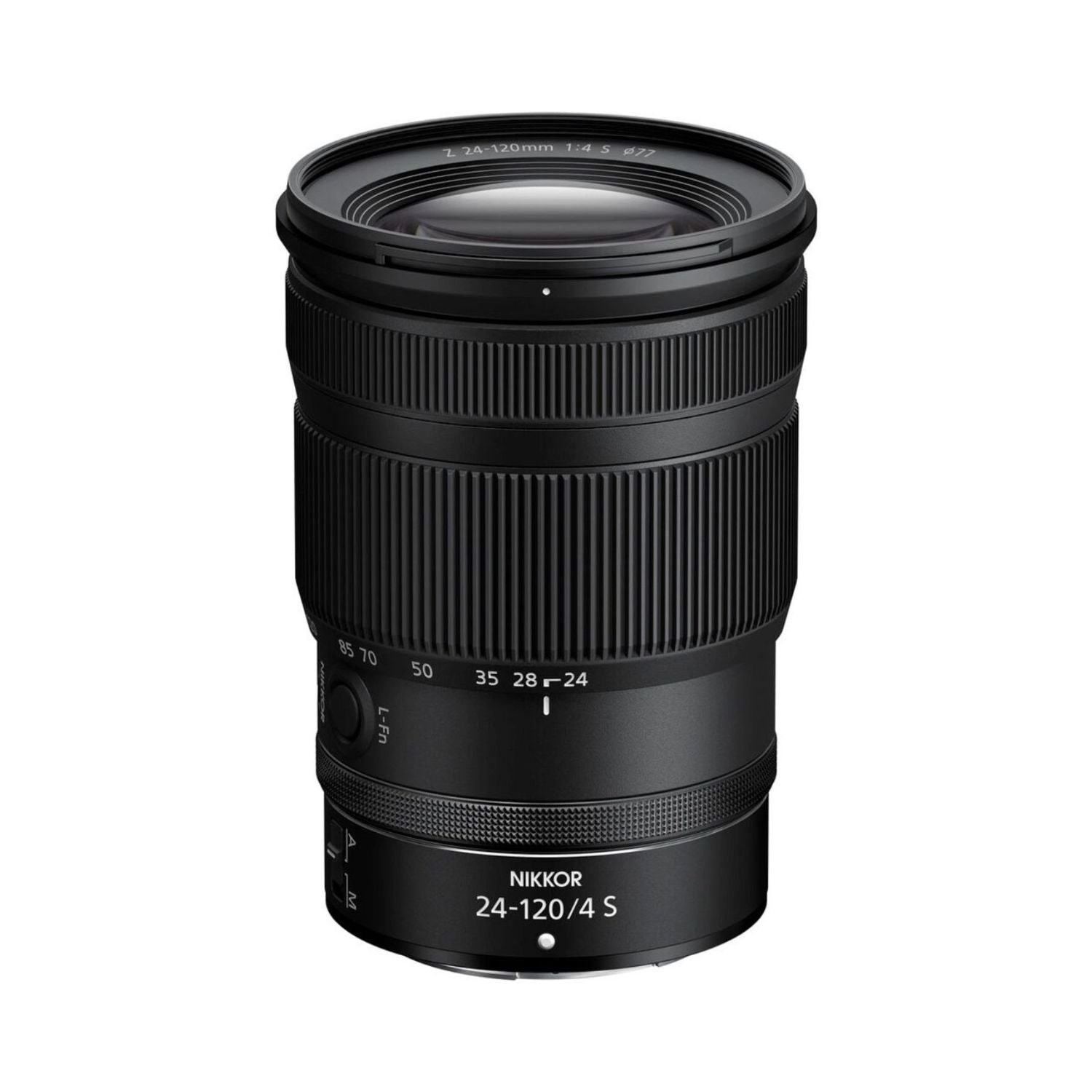 NIKKOR Z 24-120mm f/4 S lens in black, front view with ribbed barrel
