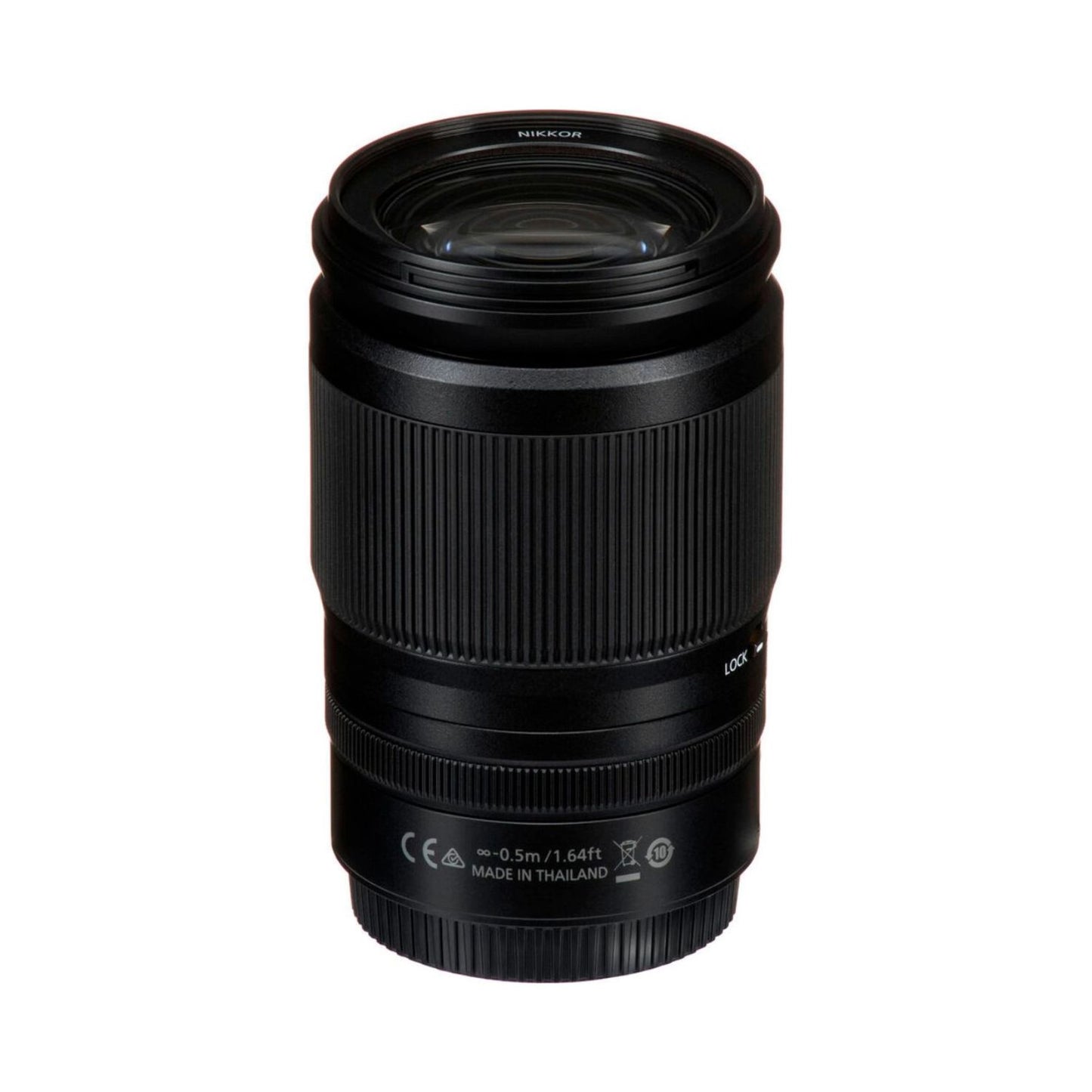 NIKKOR Z 24-200mm lens side view with front glass and compliance markings, black