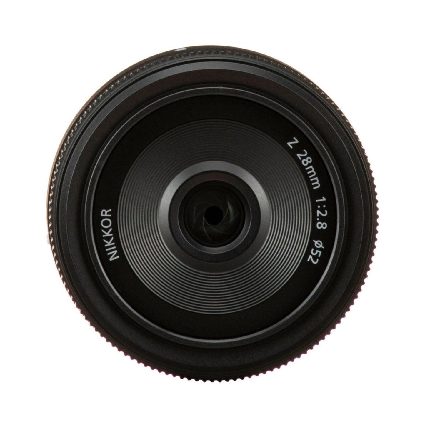 NIKKOR 28mm f/2.8 lens top view, glass elements and 28mm/2.8 scale