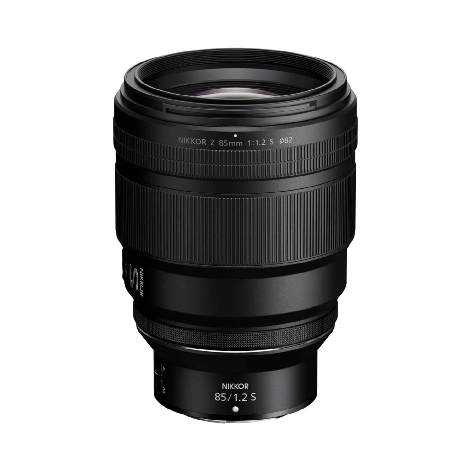 NIKKOR Z 85mm f/1.2 S lens, black barrel with ribbed focus ring and front glass