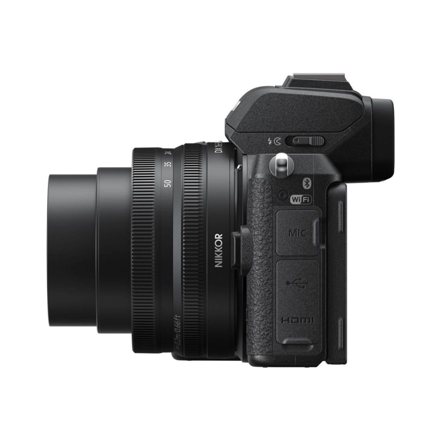 Mirrorless camera side view with WiFi, HDMI, MIC ports and lens attached
