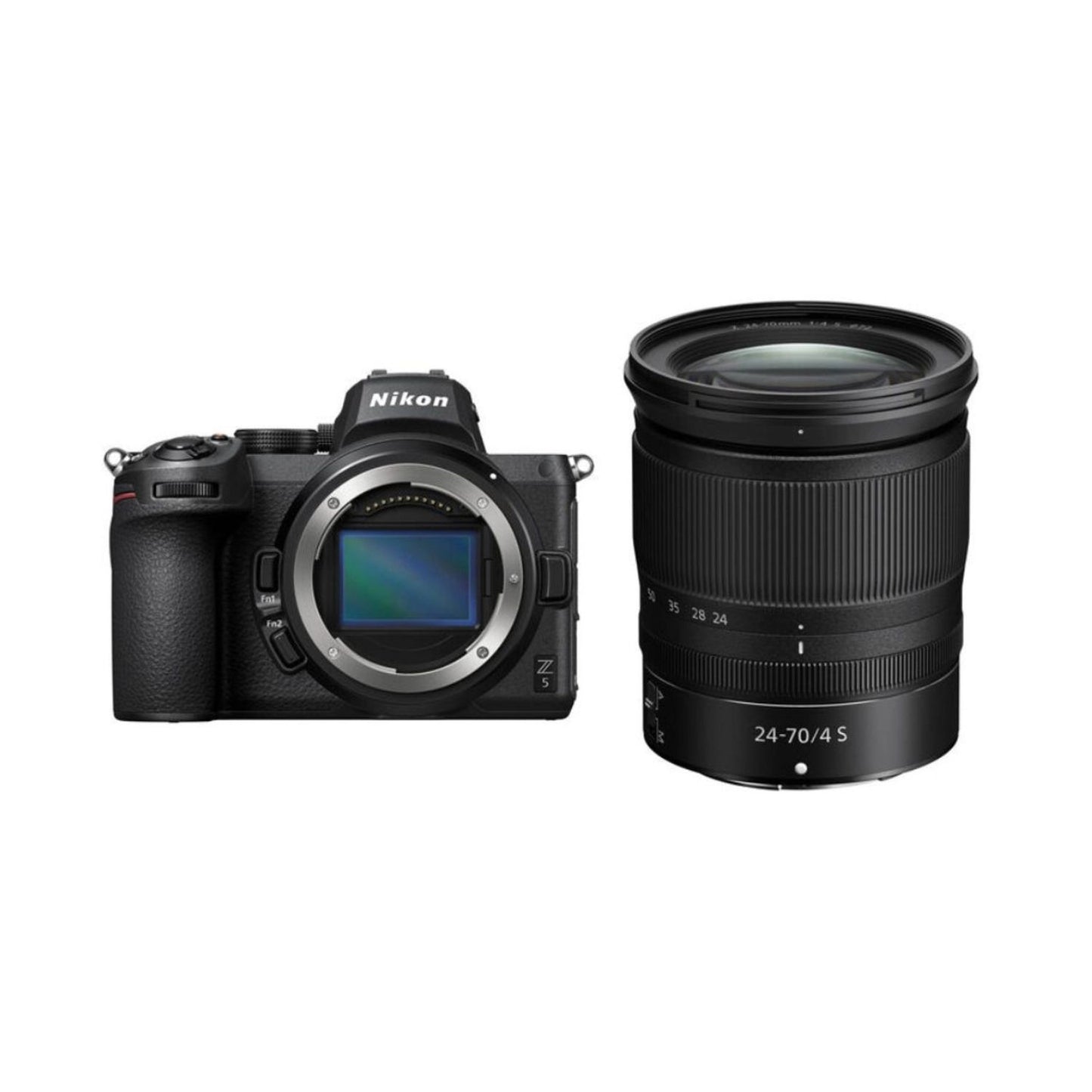 Nikon Z5 spiegellose Kamera mit 24-70mm f/4 Objektiv, Front- und Seitenansicht