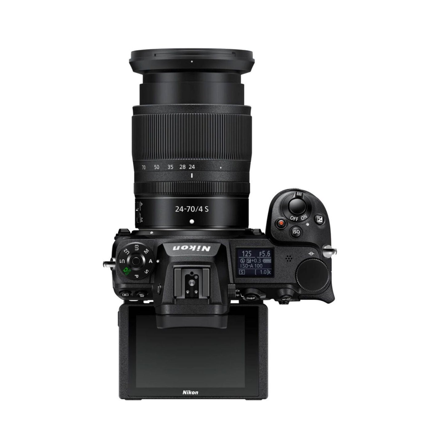 Nikon Z7 II mirrorless camera with 24-70mm f/4 lens, front/top view