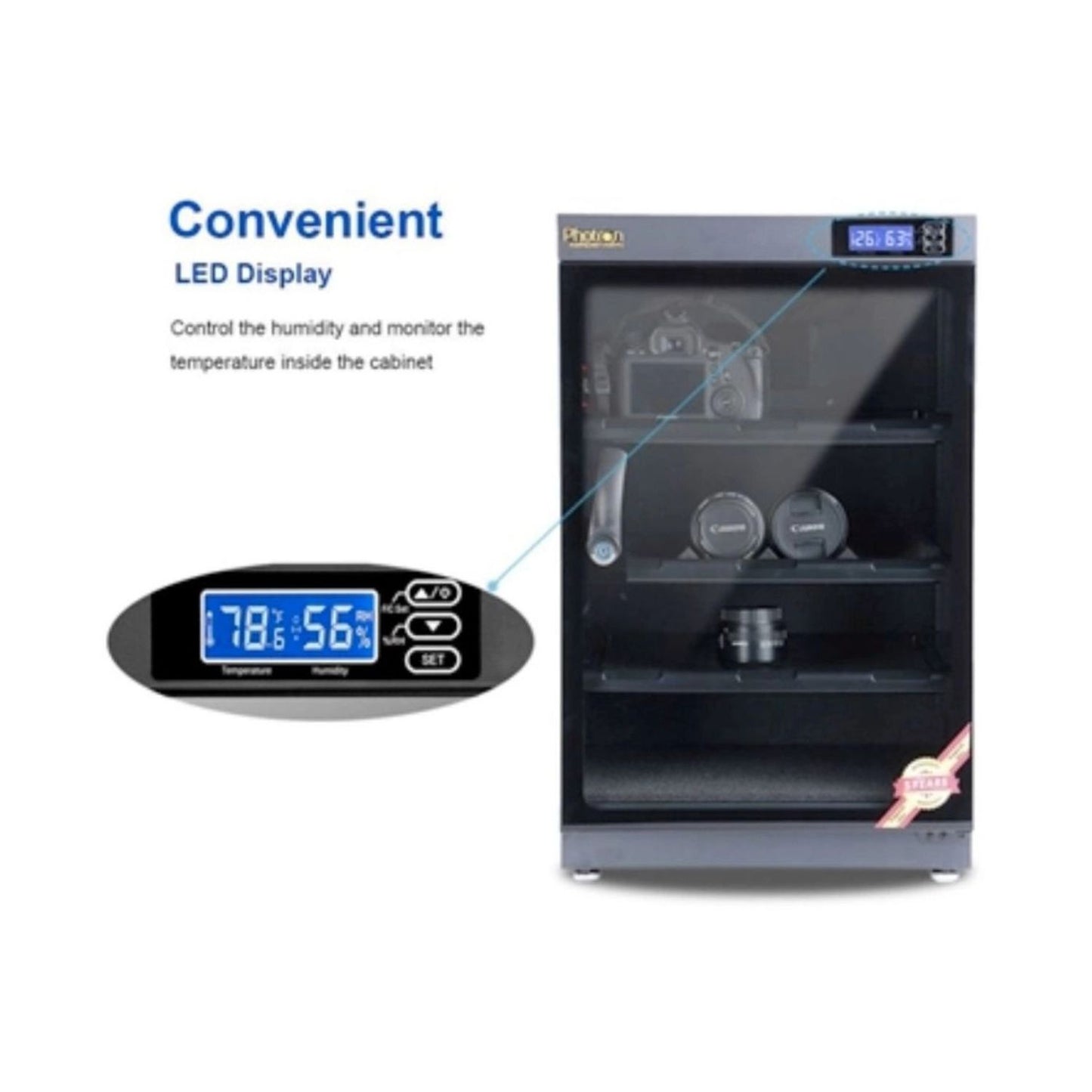 Dry cabinet with LED humidity display and glass door over adjustable internal shelves