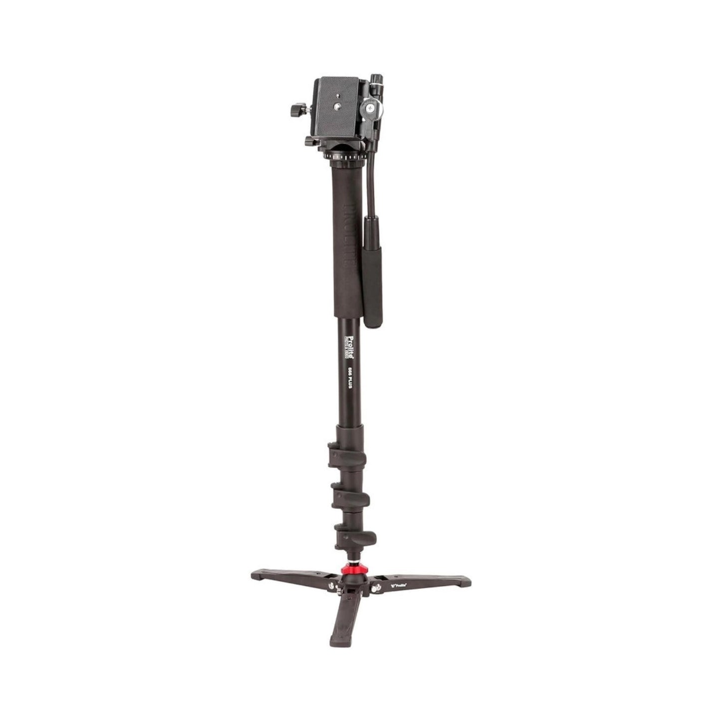 Black monopod with mounting head, flip-lock leg segments, and padded grip handle