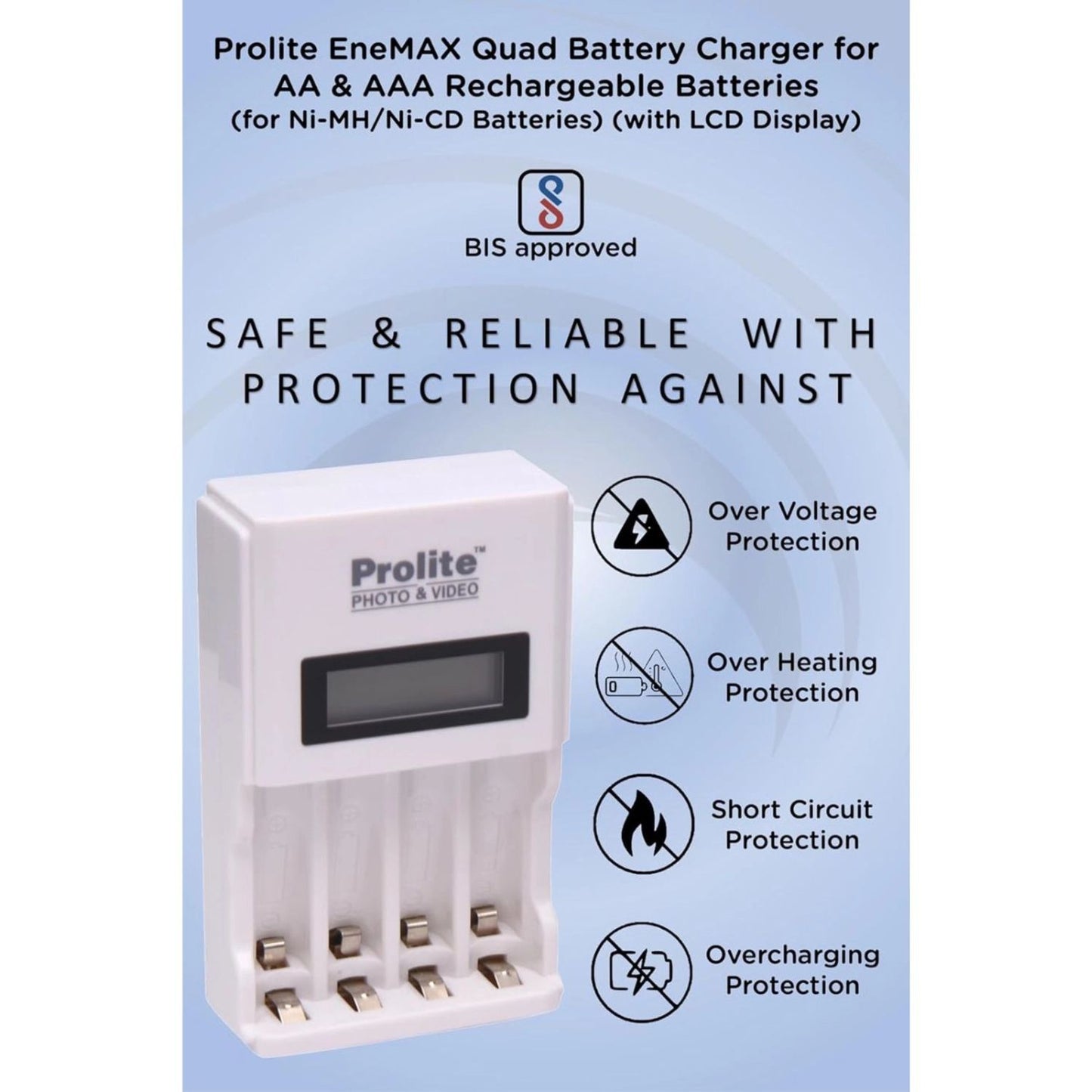 Quad charger with LCD display and safety icons for overheat, overvoltage, short circuit