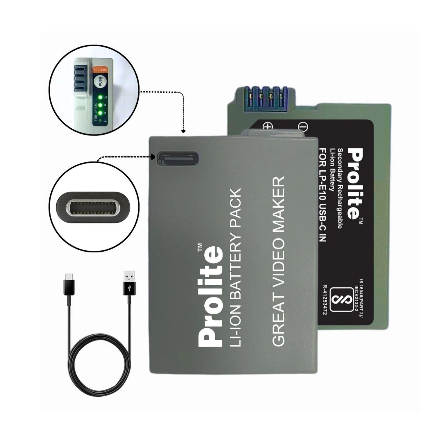 Prolite LP‑E10 battery pack with LED indicators and Type‑C charging cable