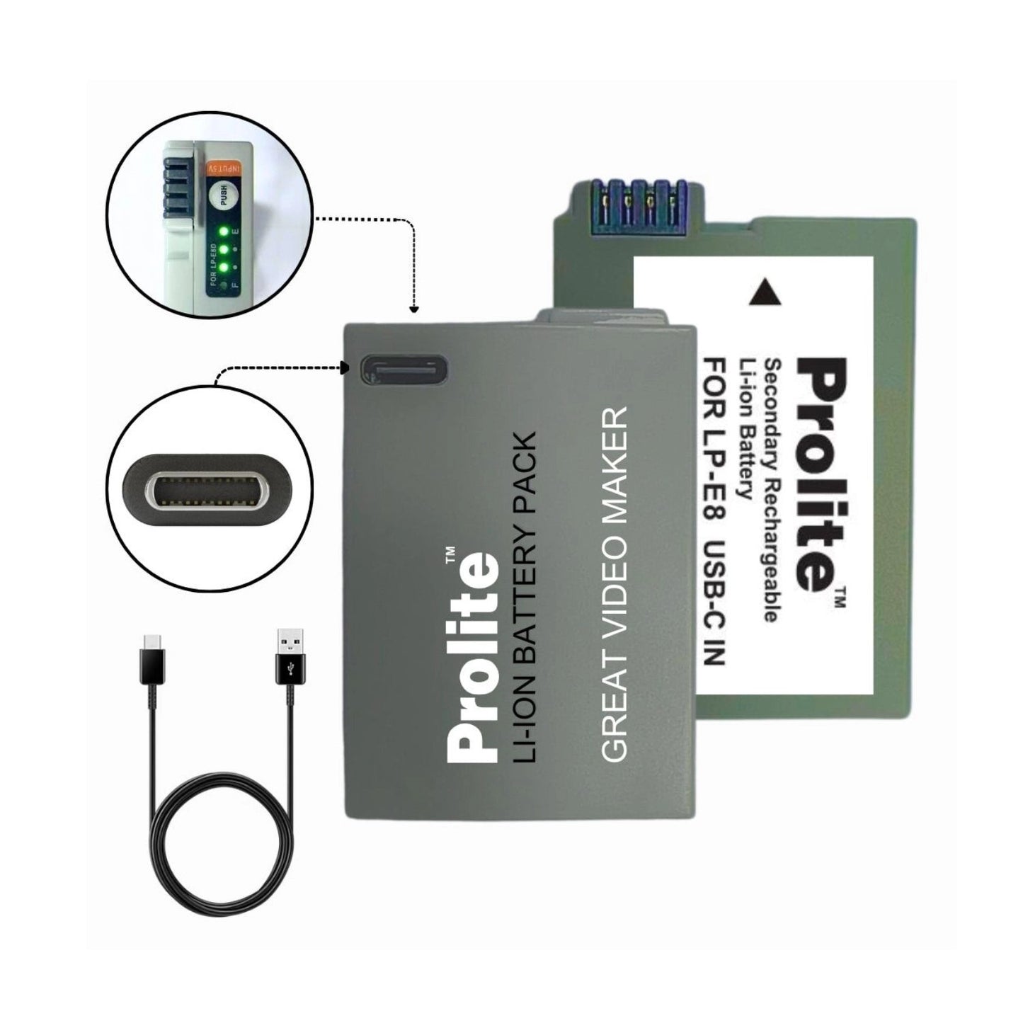 Prolite LP-E8 Li-ion rechargeable battery, includes charging contacts and USB cable