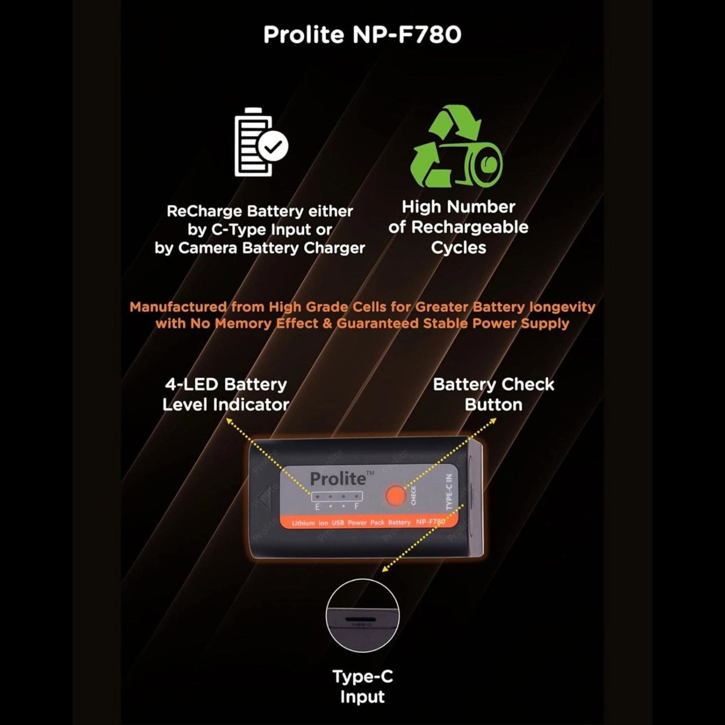 NP-F780 battery with Type-C input, battery check button, and 4-LED level indicator