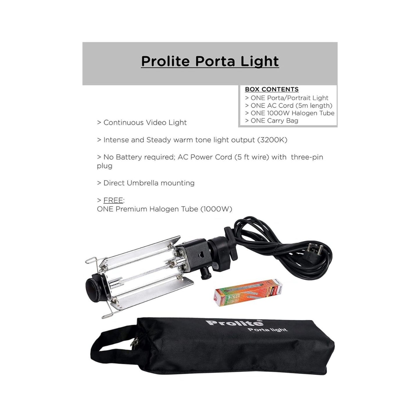Porta Light Set: Halogenröhre, Netzkabel und Tragetasche