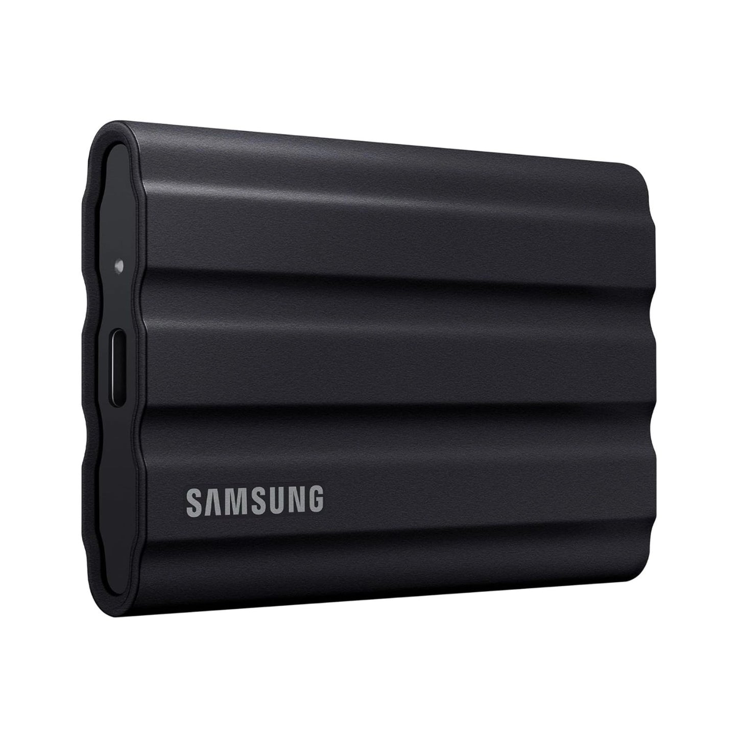 Samsung T7 Shield SSD externo portátil de 2TB, carcasa negra con logo y borde protector.