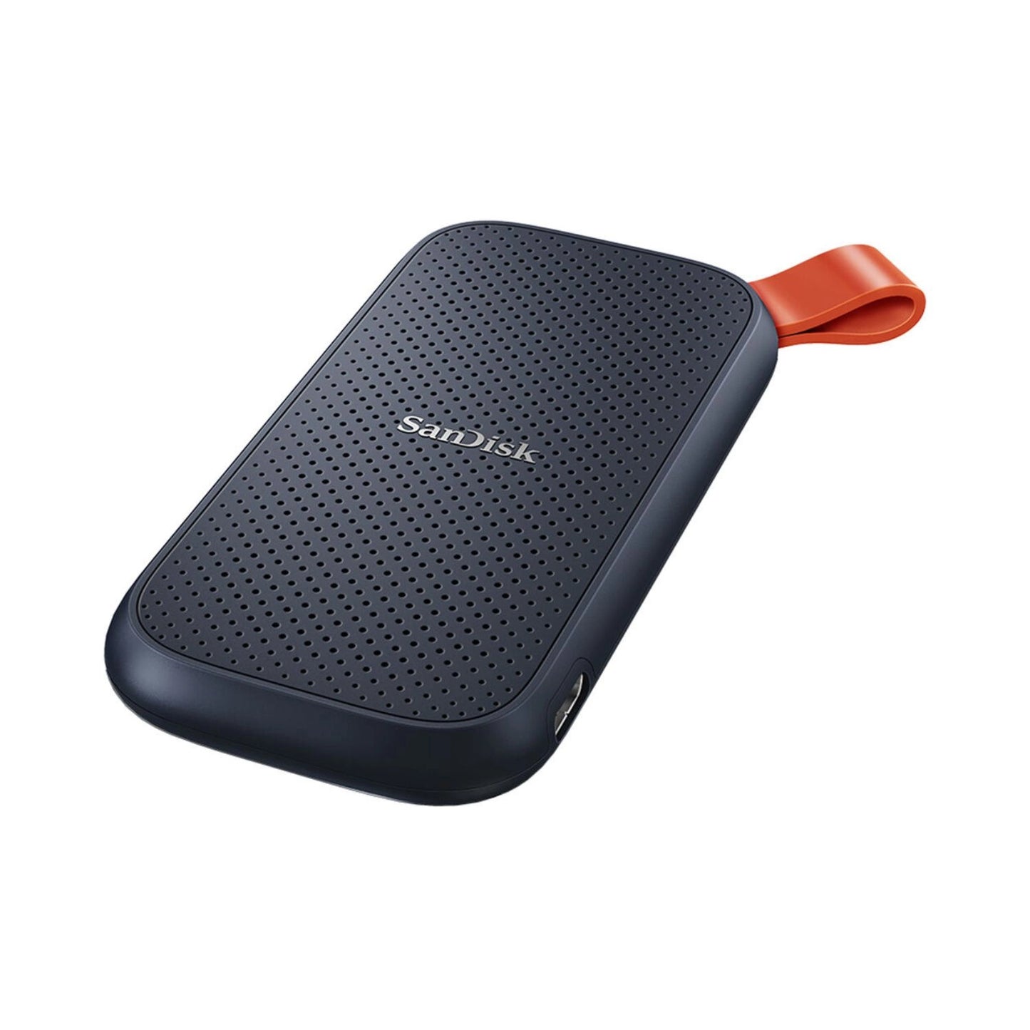 Portable SSD underside view: perforated surface, orange strap, side USB-C port