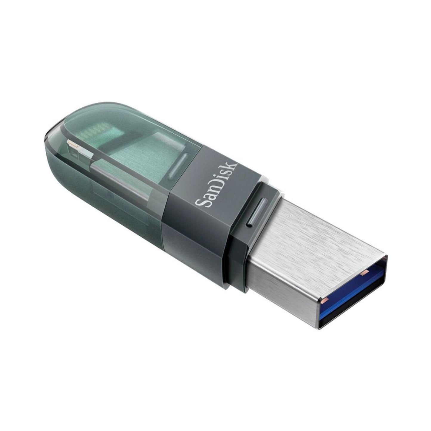 Teal SanDisk iXpand USB drive, flip cap open showing USB plug