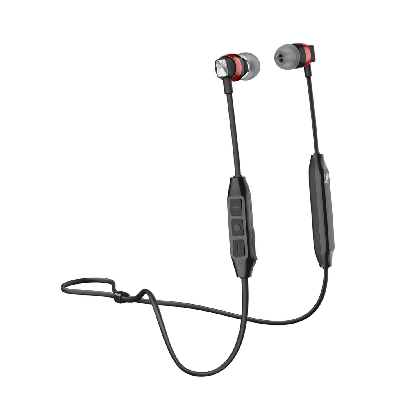 Black in-ear Bluetooth earbuds with red ring accents and inline buttons