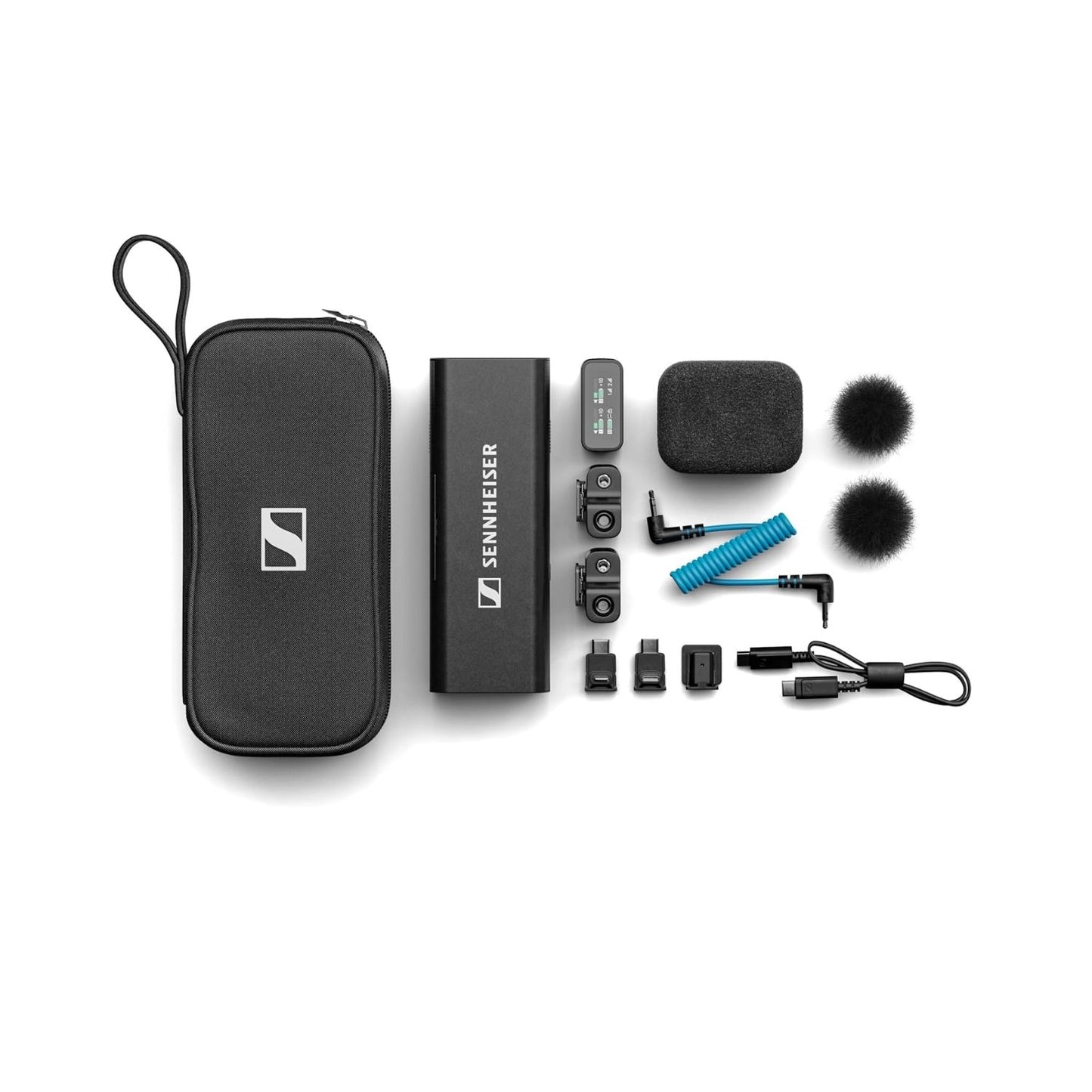 Wireless mic system accessories: pouch, transmitters, foam windscreens, clips, cables