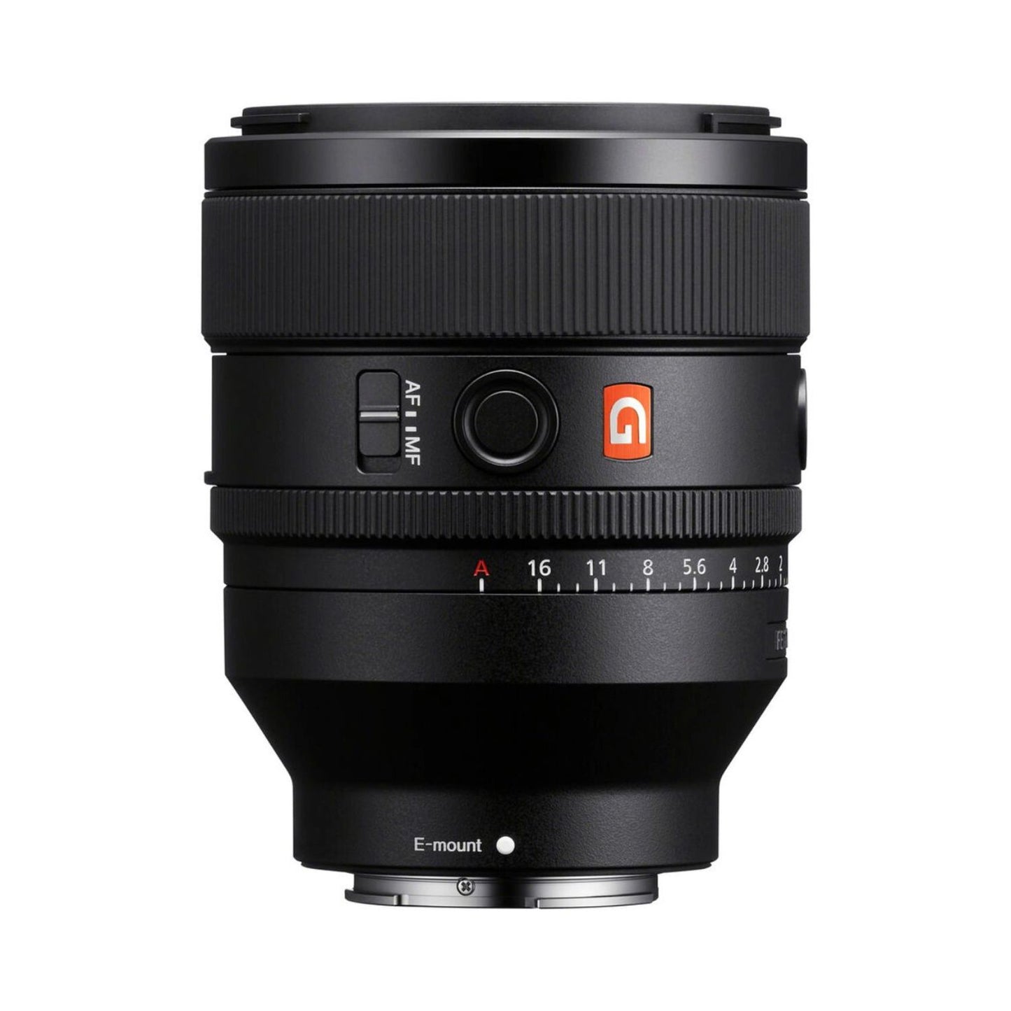 FE 50mm f/1.2 GM lens, black rear view with E-mount contacts and AF/MF switch