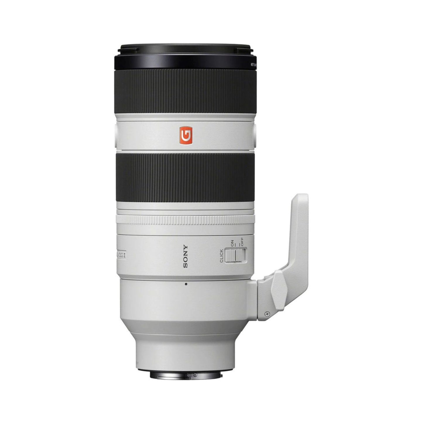 70-200mm f/2.8 GM OSS II lens, angled view with side grip and focus markings