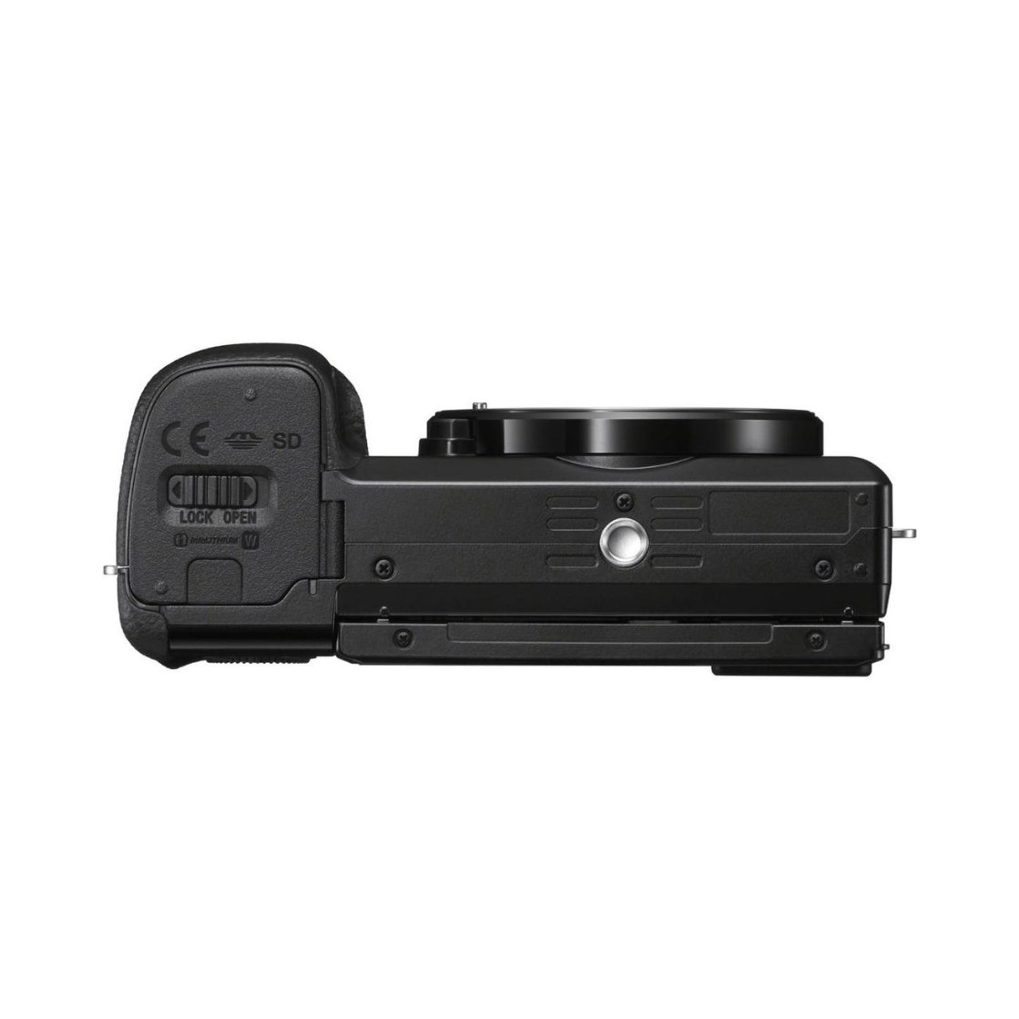 a6100 mirrorless camera rear/side view with SD card door and connectivity ports