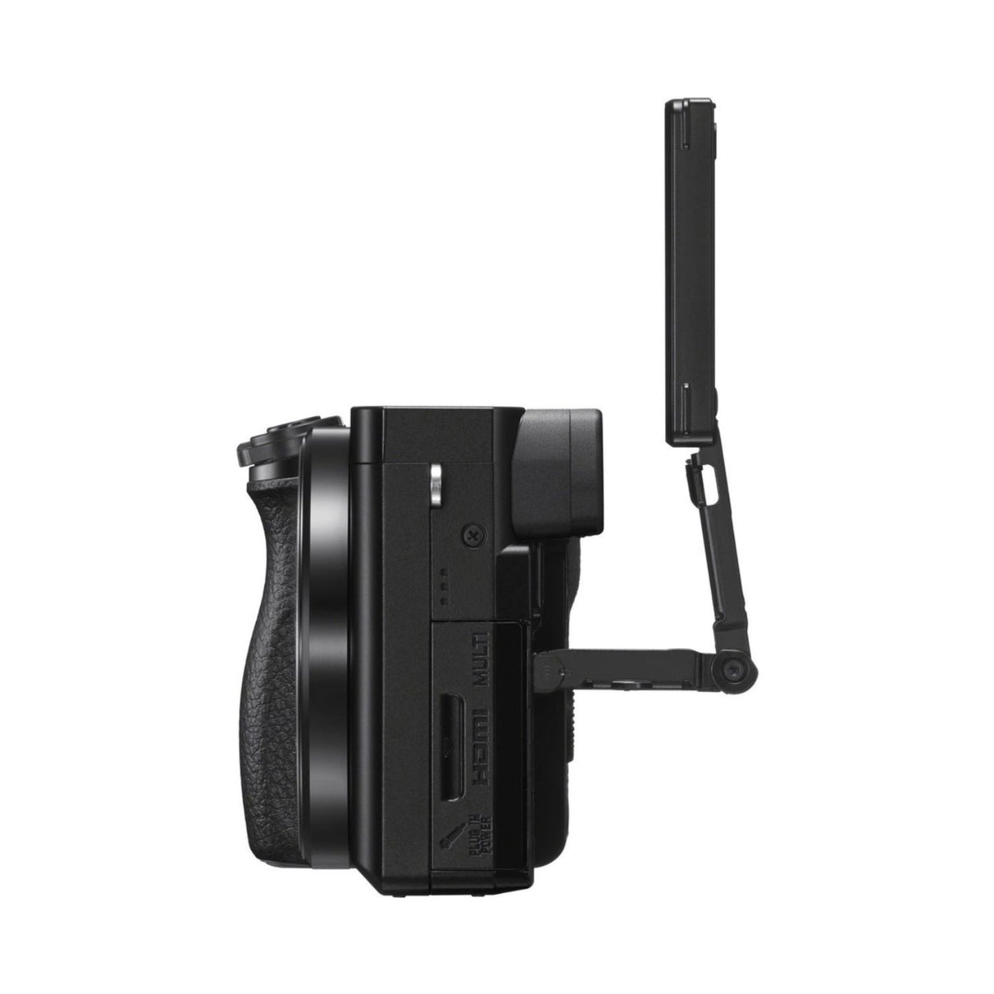 Side view of black mirrorless camera with 16–50mm lens, LCD screen extended