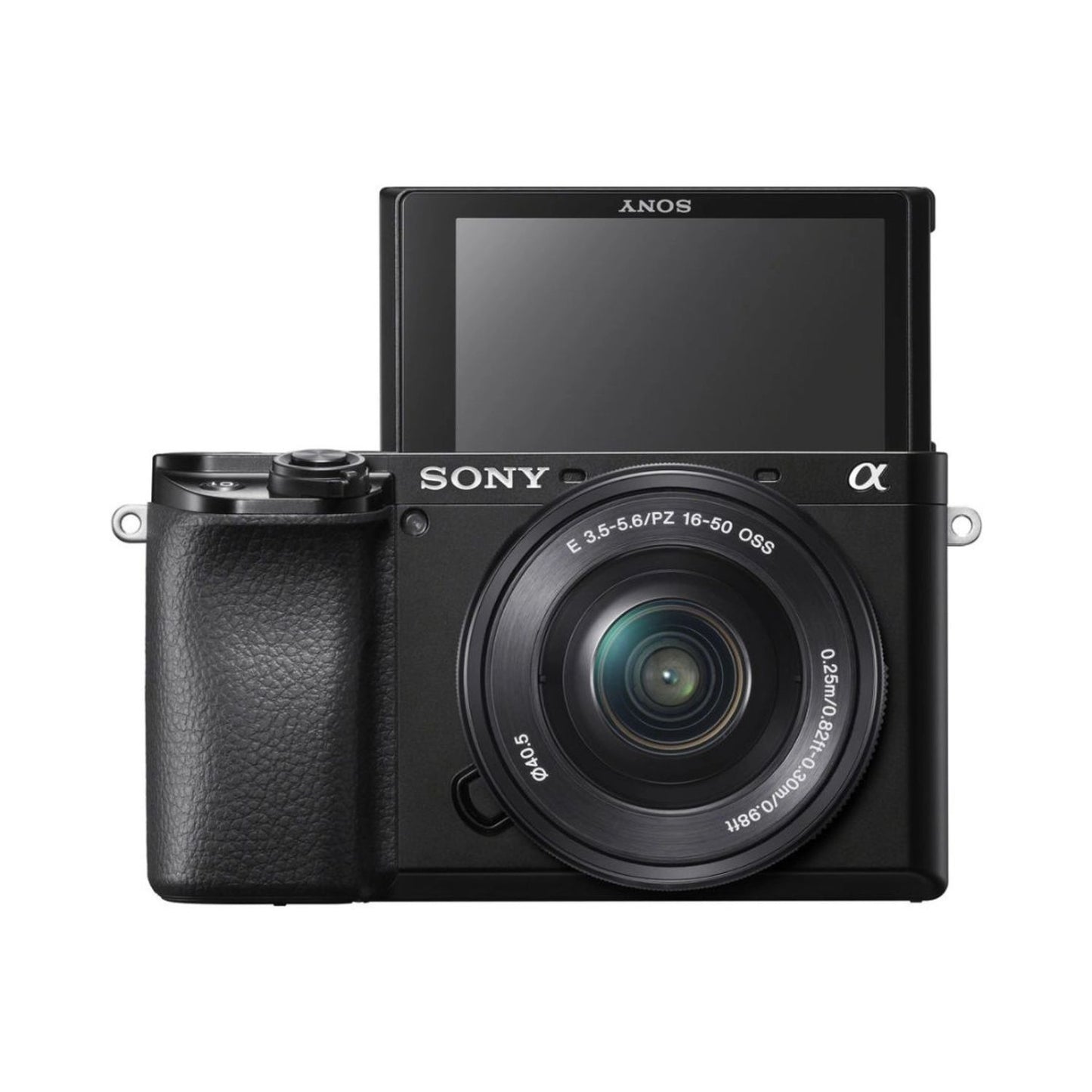 Mirrorless camera with 16-50mm lens and rear LCD screen
